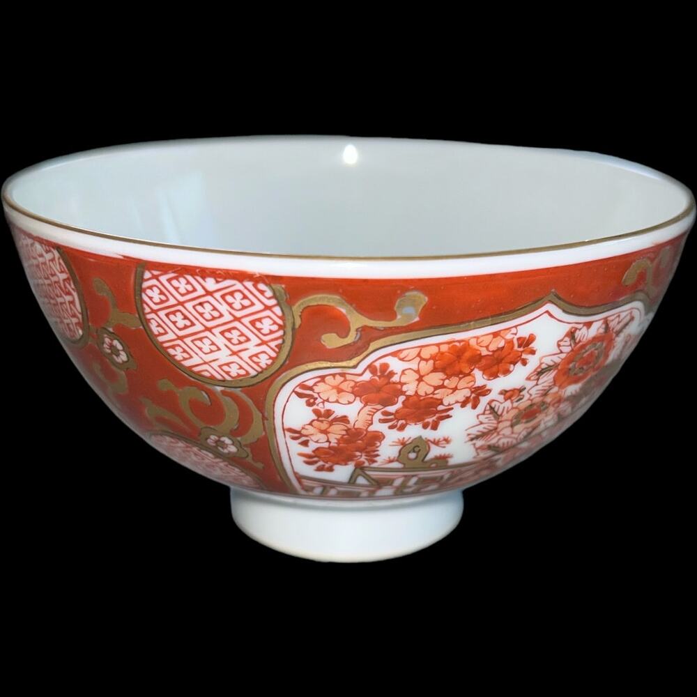 Perfect Vintage SIGNED Red Hand Painted Gold Imari 5” Japanese Footed Rice Bowl